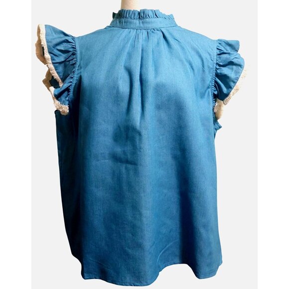 NWT Voy Blue Sleeveless Ruffle Top With Tie Back~Fringe Tip Sleeve~Size LARGE - Picture 1 of 8